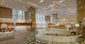 Funeral parlour showroom with caskets and memorial displays