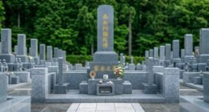 A frontal view of a traditional grey stone monument in a cemetery.
