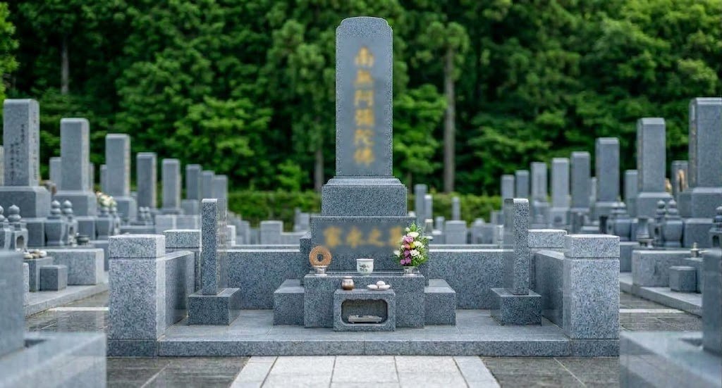 A frontal view of a traditional grey stone monument in a cemetery.
